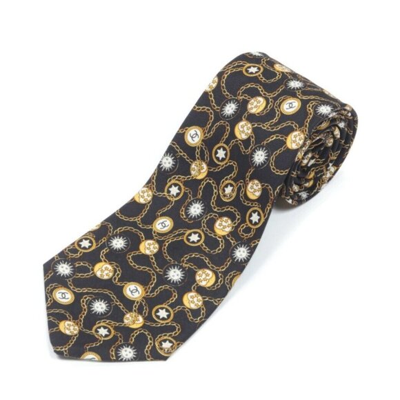 CHANEL Celestial Sun Moon Stars Logo Black Gold Chain Link Men's Silk Neck Tie - Picture 1 of 4